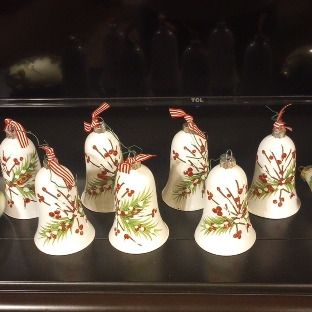 Christmas Bell Ornaments - White with Red and Green Accents